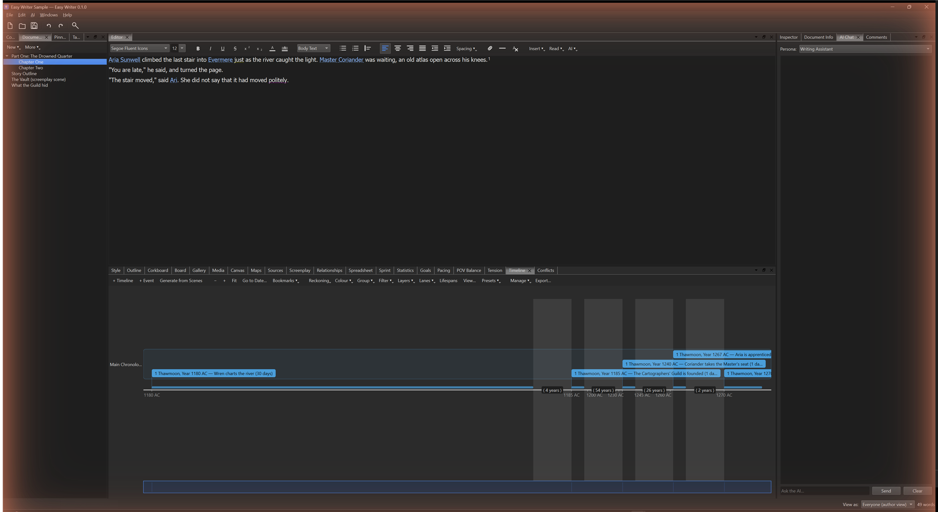The Easy Writer editor: a chapter open with character and place names automatically linked to the codex, and the story timeline below.